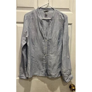 H&M Divided Blue Striped Linen Cotton Buttondown Tunic‎ Top Blouse Women’s Sz 14